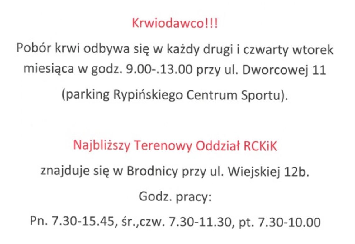 Informacja dla Krwiodawców